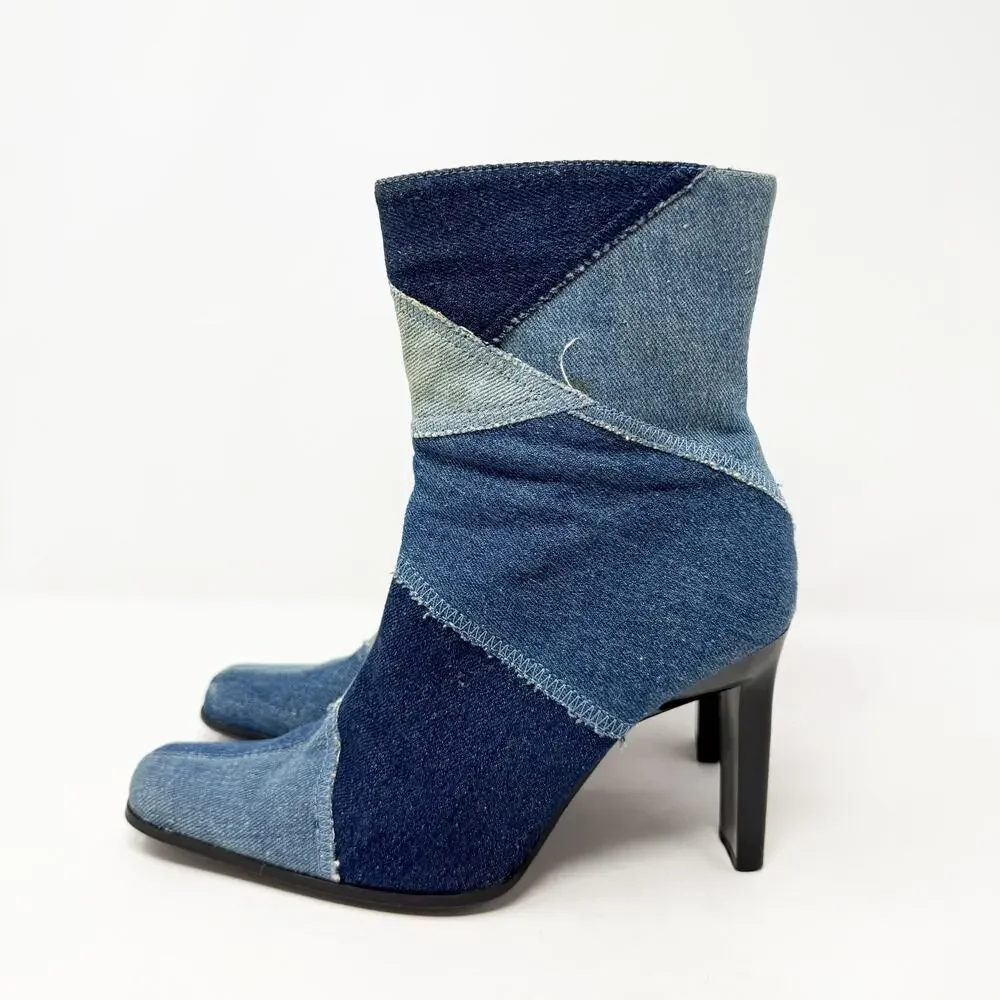 Vintage Y2K Mootsies Tootsies Blue Denim Patchwork High Heel Booties Size 7 VGUC